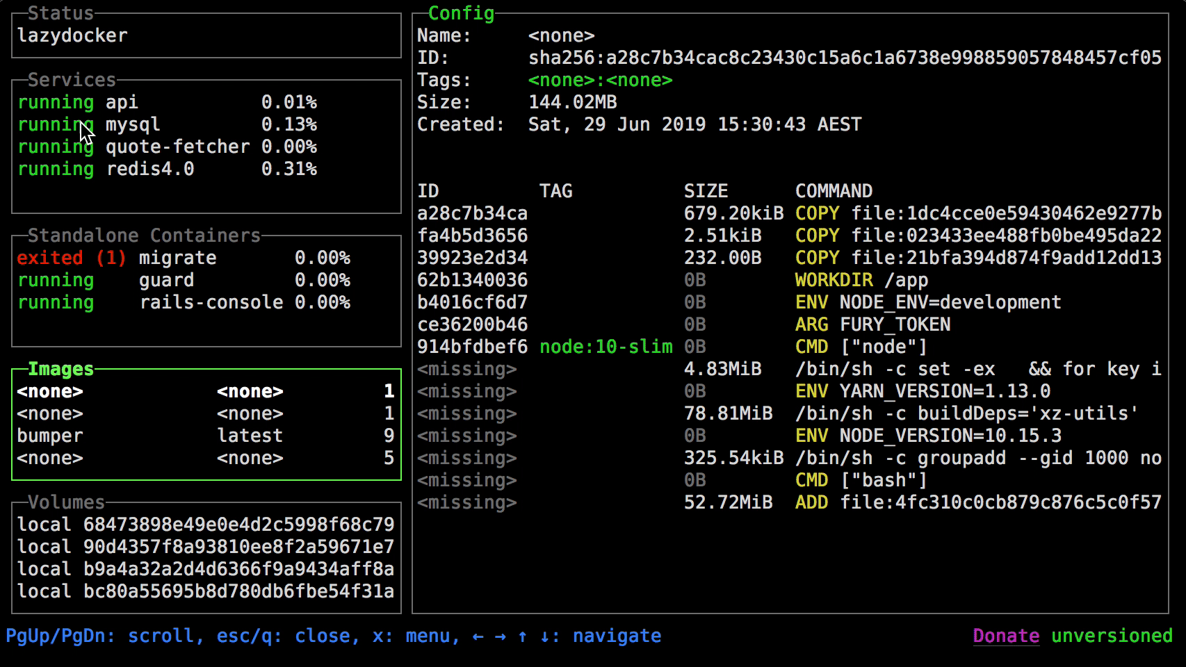 Lazydocker TUI showing Docker containers, logs, and resource usage in a unified terminal interface